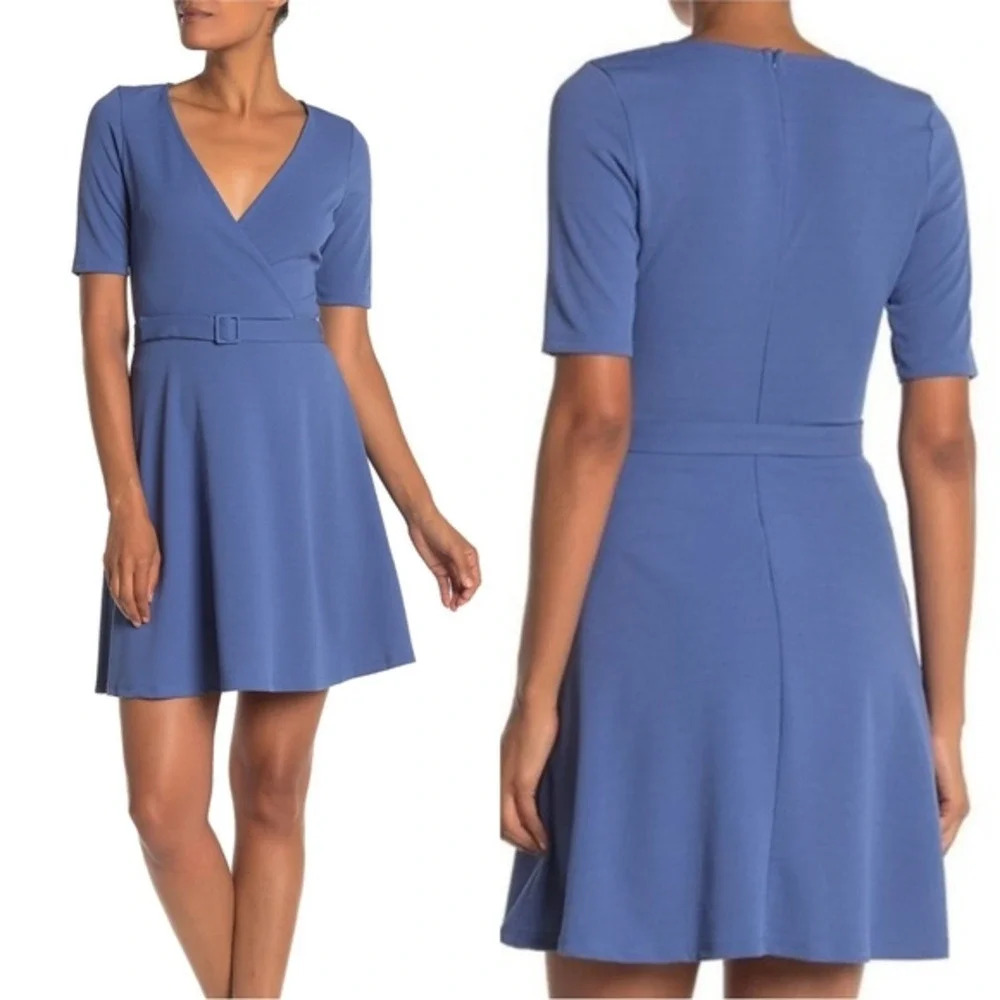 THE VANITY ROOM Short Sleeve Surplice Belted Dress